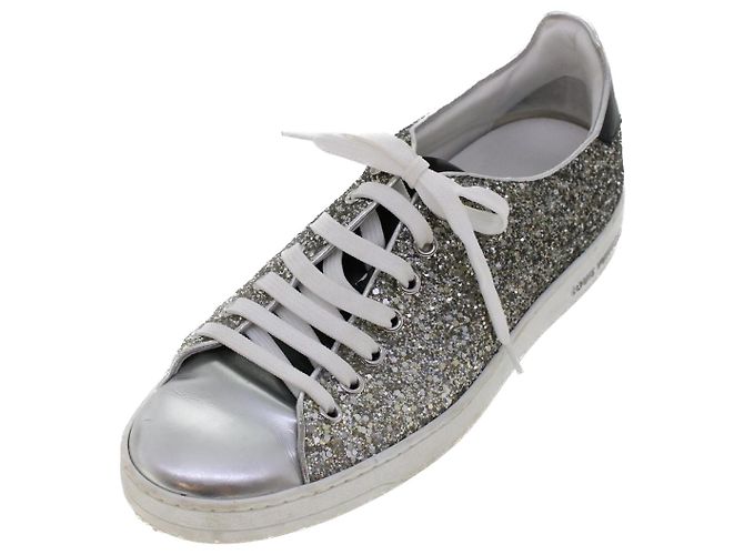 LOUIS VUITTON Baskets à paillettes Front Low Line en cuir 38.5 Argent LV Authak199 Noir Argenté - vue 3