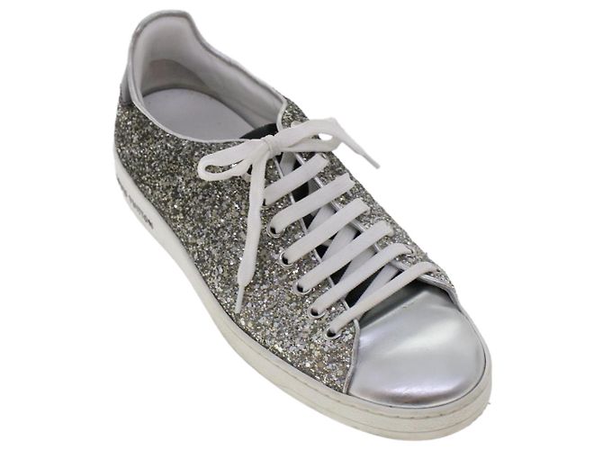 LOUIS VUITTON Baskets à paillettes Front Low Line en cuir 38.5 Argent LV Authak199 Noir Argenté - vue 4