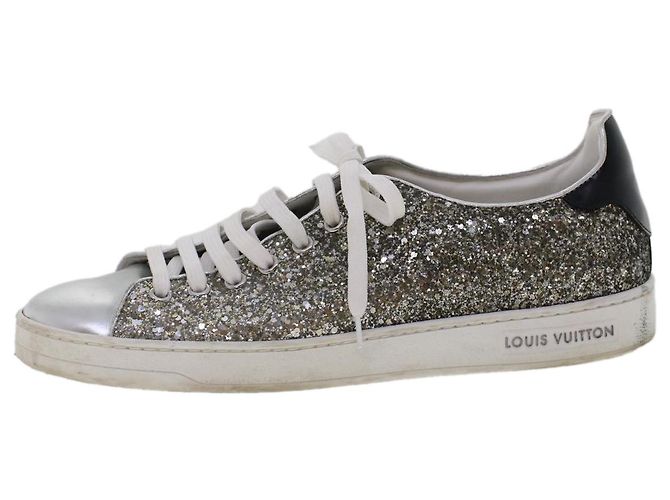 LOUIS VUITTON Baskets à paillettes Front Low Line en cuir 38.5 Argent LV Authak199 Noir Argenté - vue 5