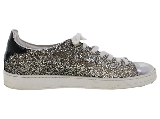 LOUIS VUITTON Baskets à paillettes Front Low Line en cuir 38.5 Argent LV Authak199 Noir Argenté - vue 6