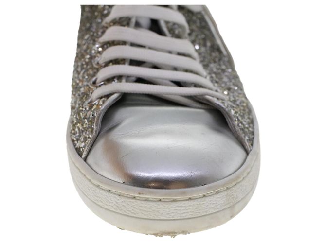 LOUIS VUITTON Baskets à paillettes Front Low Line en cuir 38.5 Argent LV Authak199 Noir Argenté - vue 7