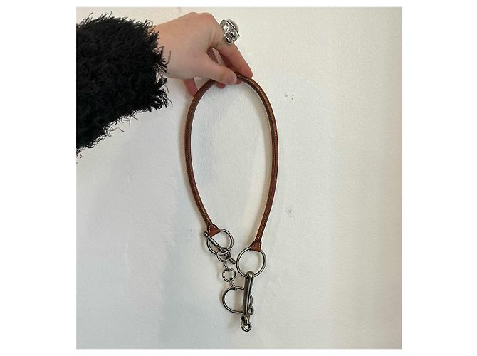 Collier Hermès Mors en cuir et métal Argenté Marron clair - vue 2