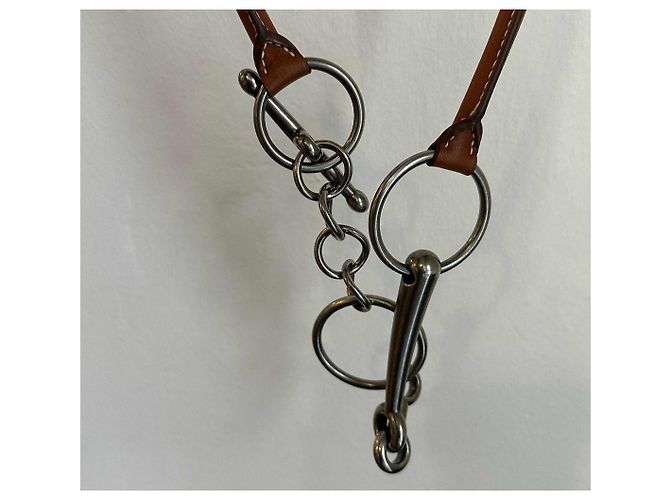 Collier Hermès Mors en cuir et métal Argenté Marron clair - vue 3