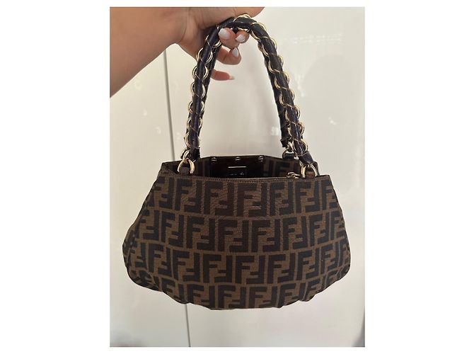 Borsa Fendi Mia in tela nera e marrone scuro Nero - vista 4