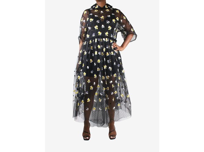 Biyan Schwarzes, mit Blumen besticktes Tüll-Hängerkleid – Größe L - Ansicht 2