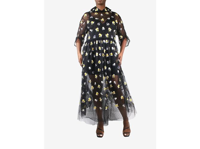 Biyan Schwarzes, mit Blumen besticktes Tüll-Hängerkleid – Größe L - Ansicht 3