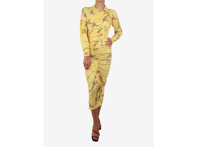 Preen Gelbes gerafftes Midikleid mit Blumendruck – Größe S - Ansicht 3
