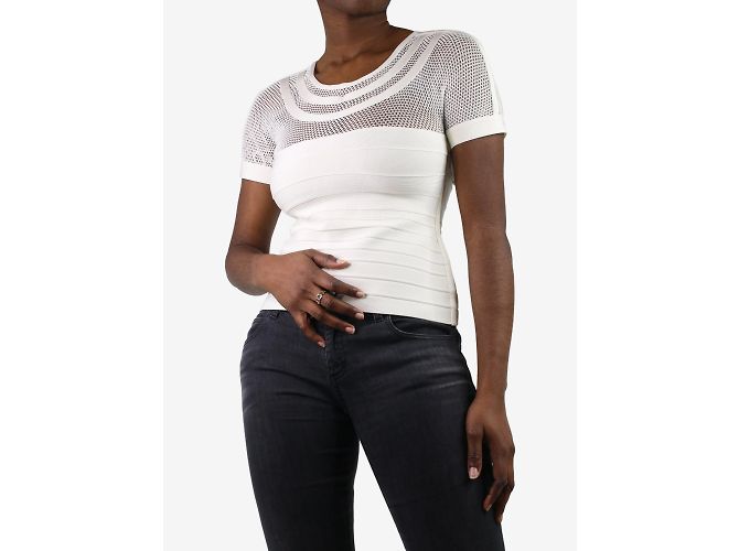 Herve Leger Cremefarbenes Kurzarm-Spitzentop – Größe M - Ansicht 3