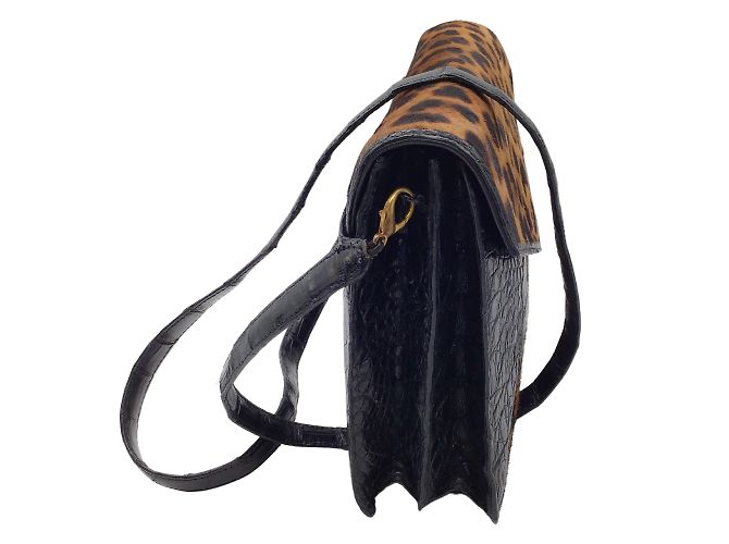 Nancy Gonzalez Nancy González Negro / Bolso bandolera de piel de becerro y piel de cocodrilo con estampado de leopardo marrón - vista 2