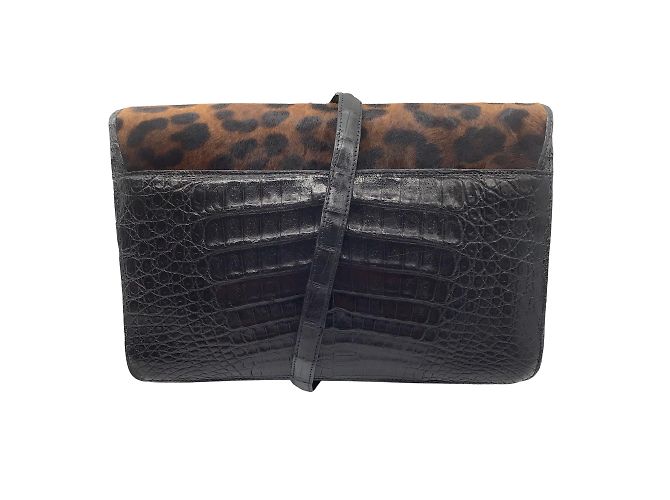 Nancy Gonzalez Nancy González Negro / Bolso bandolera de piel de becerro y piel de cocodrilo con estampado de leopardo marrón - vista 3