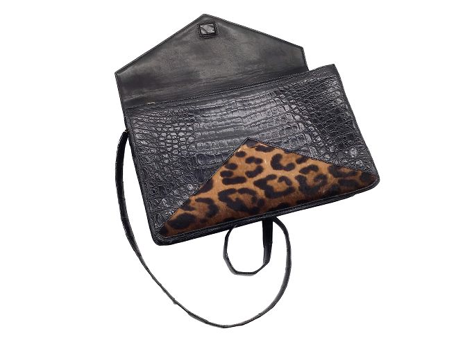 Nancy Gonzalez Nancy González Negro / Bolso bandolera de piel de becerro y piel de cocodrilo con estampado de leopardo marrón - vista 6