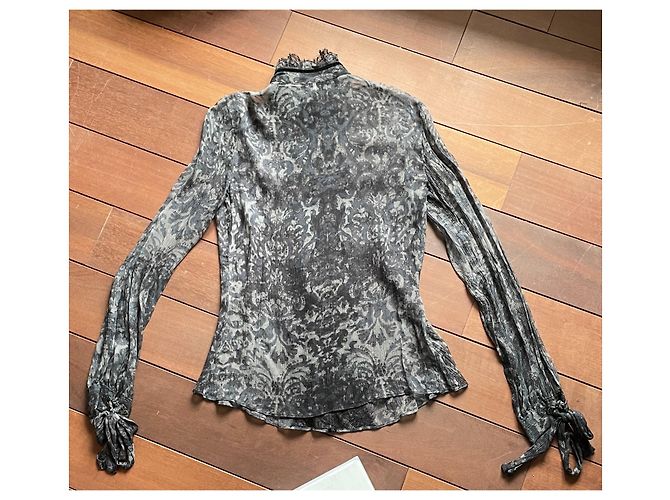 Camicetta Elie Tahari in seta stampata con pizzo e velluto Nero Blu Grigio - vista 10