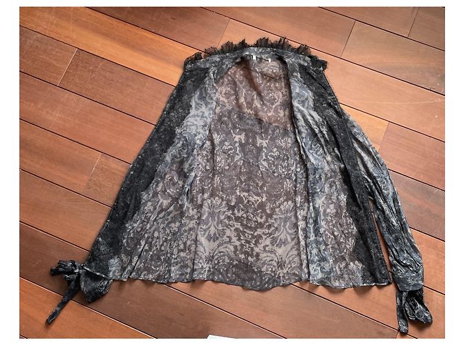 Camicetta Elie Tahari in seta stampata con pizzo e velluto Nero Blu Grigio - vista 2
