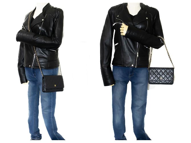 Wallet On Chain CHANEL Portafoglio con caviale su catena WOC Borsa a tracolla nera con tracolla Nero - vista 12