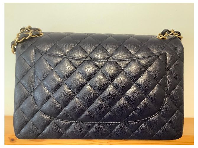 Timeless Chanel Borsa in pelle caviar trapuntata blu navy oro - vista 14