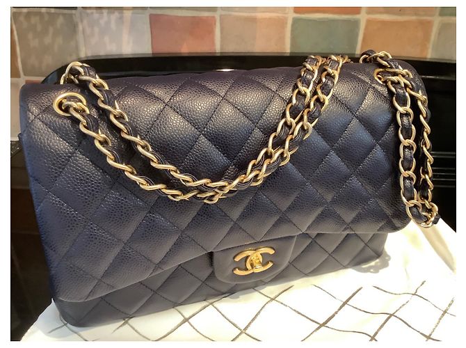 Timeless Chanel Borsa in pelle caviar trapuntata blu navy oro - vista 2