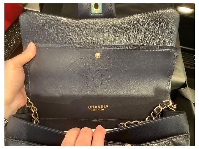 Timeless Chanel Borsa in pelle caviar trapuntata blu navy oro - vista 5