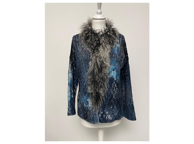 Autre Marque VOR DIR Strickjacke Blau Kaschmir Wolle Pelzkragen - Ansicht 4
