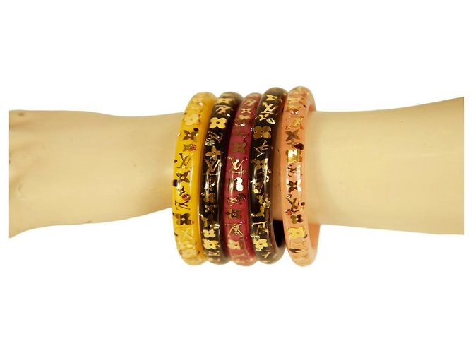 Bracciale rigido Louis Vuitton Thin Inclusion PM fucsia con paillettes in resina dorata Fuschia - vista 5