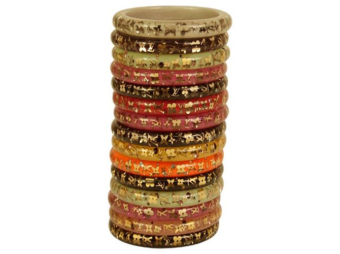 Bracciale rigido Louis Vuitton Thin Inclusion PM fucsia con paillettes in resina dorata Fuschia - vista 6