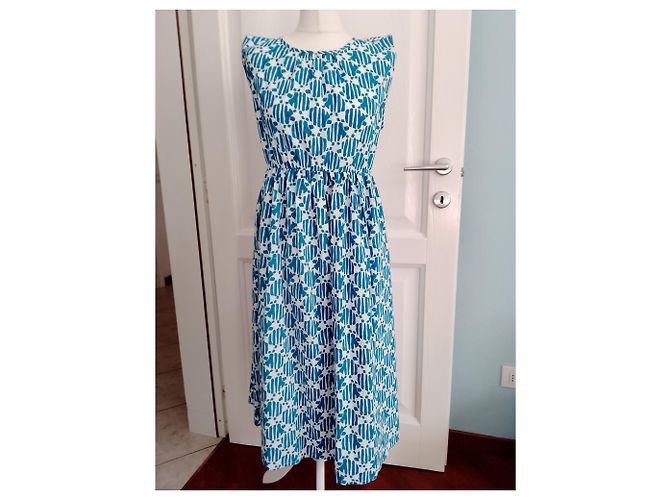 Autre Marque Vestido de algodón turquesa con estampado de tortuga - vista 7