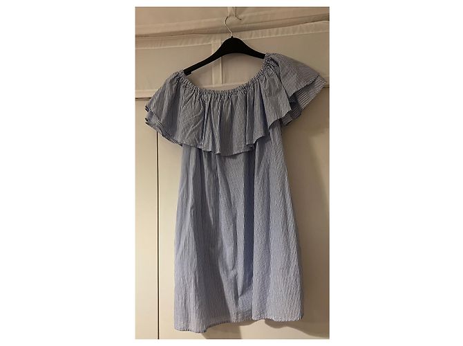 Vestido mini Zara de algodón a rayas celeste y blanco con volante Azul - vista 2