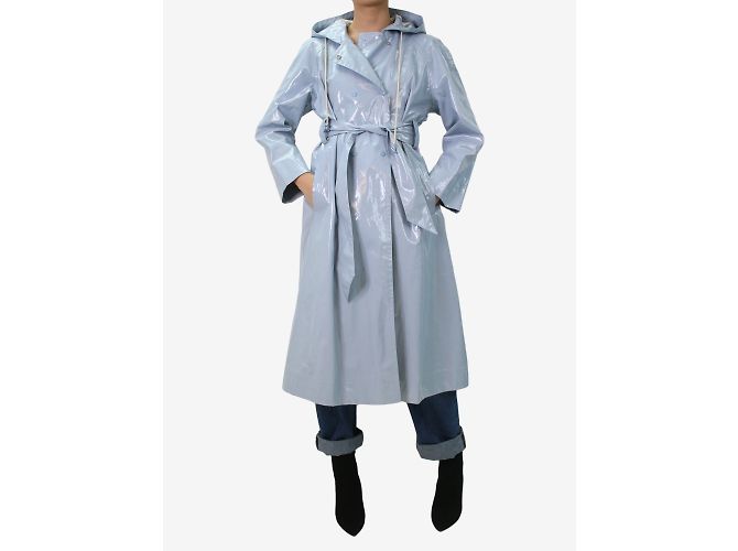 Alexa Chung Blauer Vinyl-Regenmantel mit Gürtel – Größe UK 10 - Ansicht 3