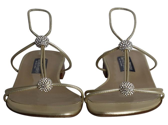 Stuart Weitzman Crystal Embellished Flat Sandals in Gold Leather - view 2