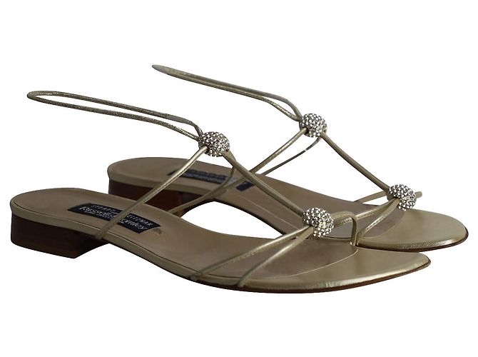 Stuart Weitzman Crystal Embellished Flat Sandals in Gold Leather - view 3