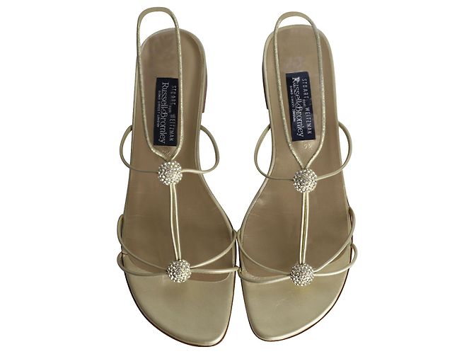 Stuart Weitzman Crystal Embellished Flat Sandals in Gold Leather - view 5