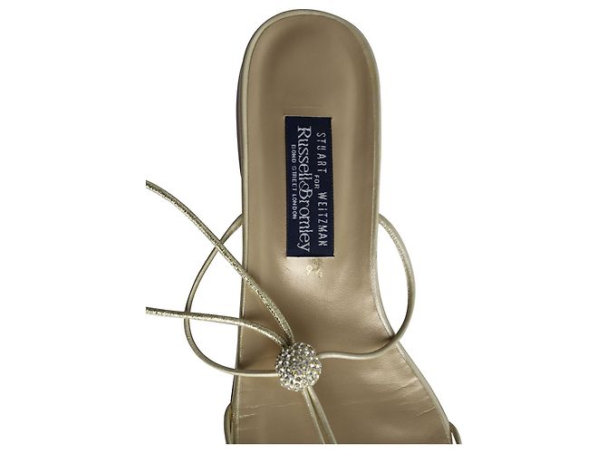 Stuart Weitzman Crystal Embellished Flat Sandals in Gold Leather - view 6