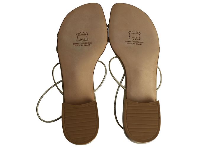 Stuart Weitzman Crystal Embellished Flat Sandals in Gold Leather - view 7