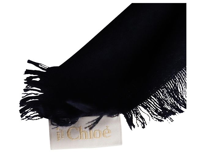 Sciarpa Chloé con nappe e decori con occhielli in lana blu navy - vista 3