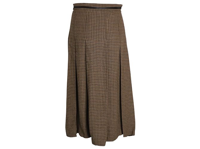 Saia midi xadrez plissada Gucci em linho marrom - vista 3