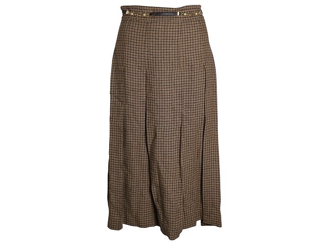 Saia midi xadrez plissada Gucci em linho marrom - vista 4