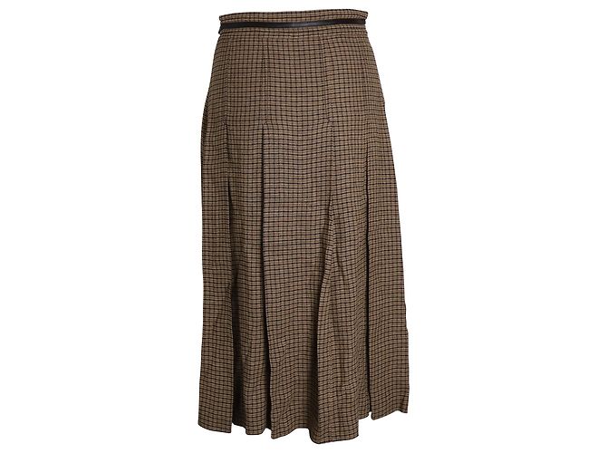 Saia midi xadrez plissada Gucci em linho marrom - vista 6
