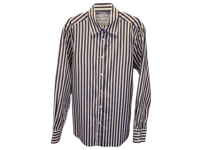 Chemise Homme Brunello Cucinelli - Rayée Blanc Et Bleu - Taille S/M - Tissu Chanvre - Neuf étiqueté