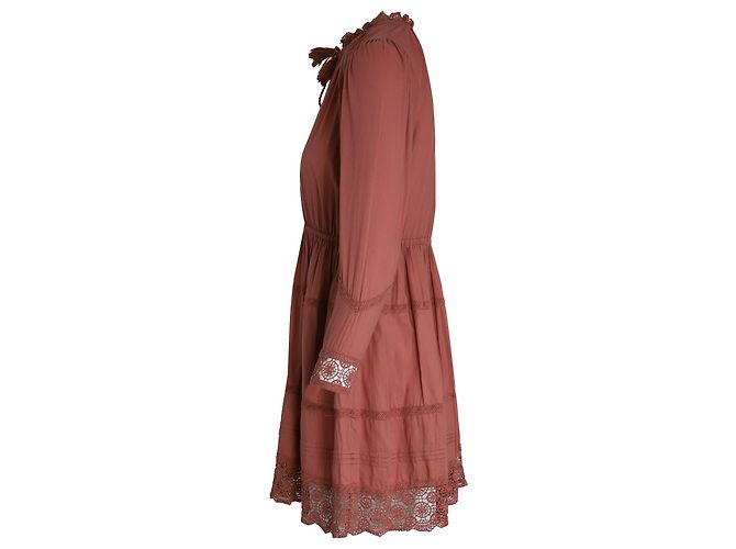 Minivestido Ulla Johnson com decote em gravata e acabamento em crochê em algodão enferrujado Laranja - vista 3