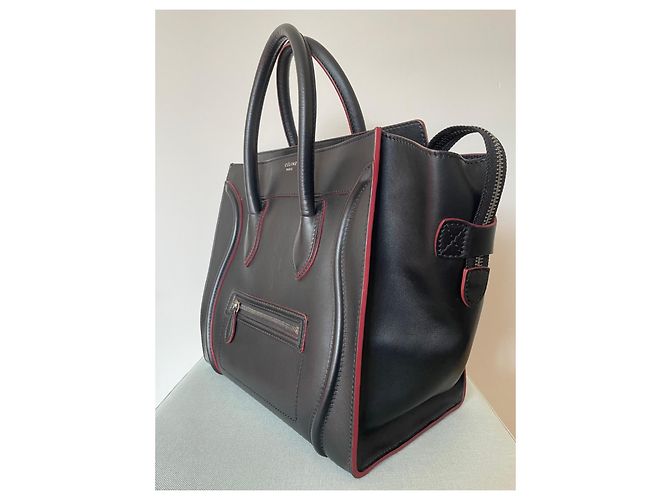 Luggage Trolley Céline in pelle nera e bordi bordeaux Nero Bordò - vista 2