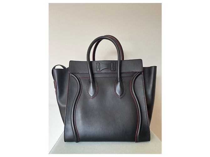 Luggage Trolley Céline in pelle nera e bordi bordeaux Nero Bordò - vista 3
