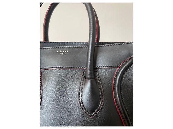 Luggage Trolley Céline in pelle nera e bordi bordeaux Nero Bordò - vista 6