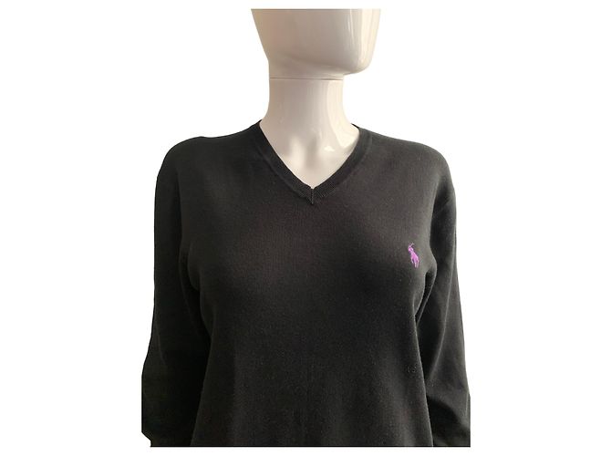 Polo Ralph Lauren schwarzer Baumwollpullover mit V Ausschnitt - Ansicht 10