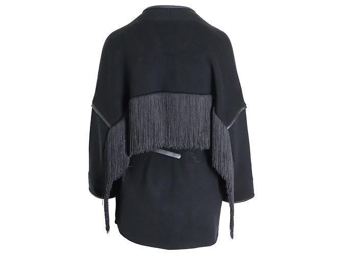 Maje Mathieu Lederbesetzte Fransenjacke aus schwarzem Polyamid - Ansicht 2