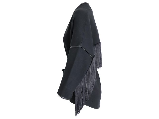 Maje Mathieu Lederbesetzte Fransenjacke aus schwarzem Polyamid - Ansicht 3