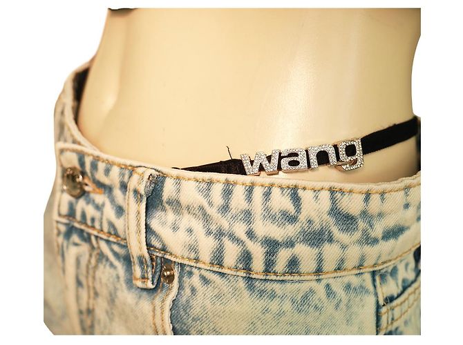 Alexander Wang Blue Denim Jeans Crystal Logo Strap Raw Cut Shorts Größe L - Ansicht 3