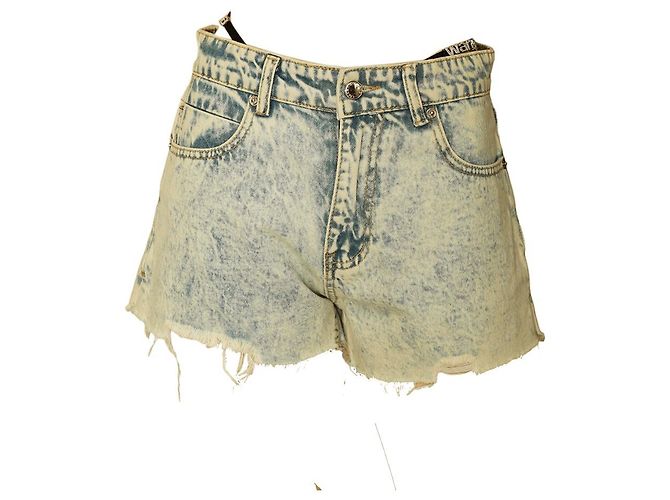 Alexander Wang Blue Denim Jeans Crystal Logo Strap Raw Cut Shorts Größe L - Ansicht 9