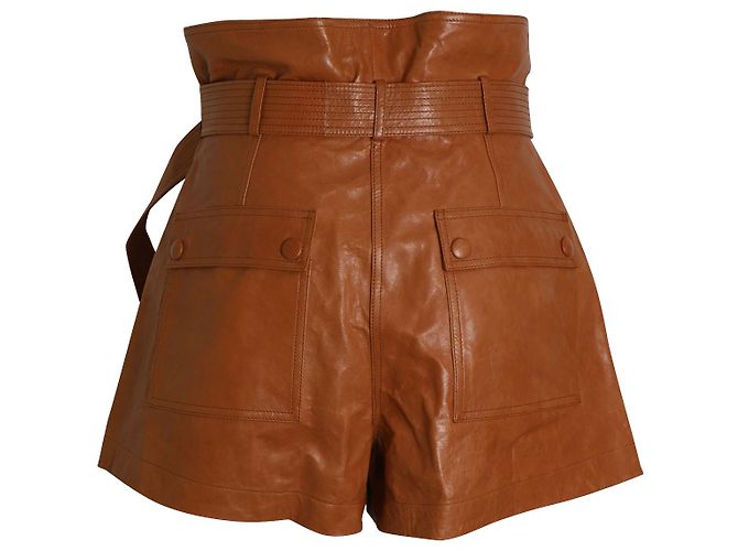 Ulla Johnson Othella High-Rise Belted Shorts in Brown Lambskin Leather - view 3
