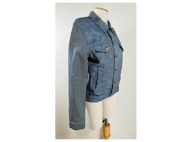 Giacca Opening Ceremony Blu in Lino e Cotone con Maniche a Righe - vista 2