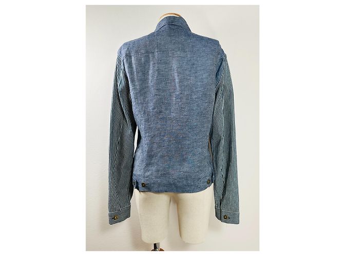 Giacca Opening Ceremony Blu in Lino e Cotone con Maniche a Righe - vista 3