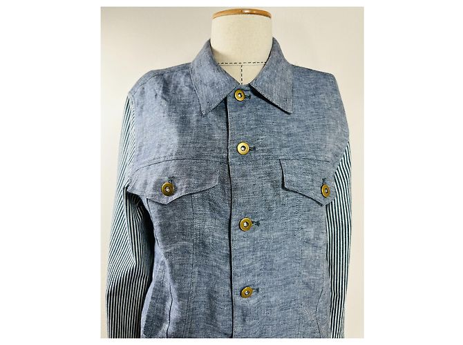 Giacca Opening Ceremony Blu in Lino e Cotone con Maniche a Righe - vista 4